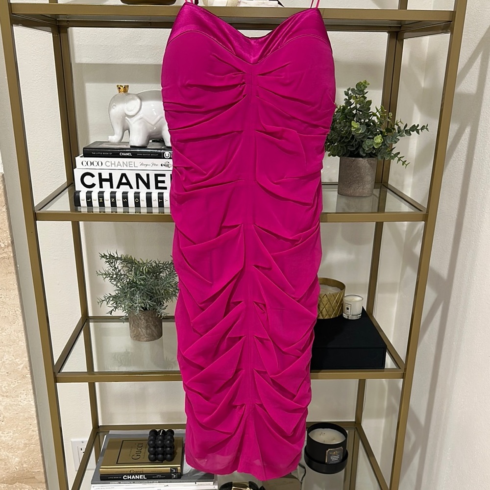 Cache Fuchsia Ruched Strapless Midi Dress